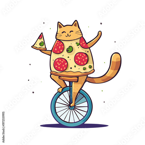 Charming orange cat dressed as a pizza, skillfully riding a unicycle while holding a slice of pizza, whimsical vector illustration