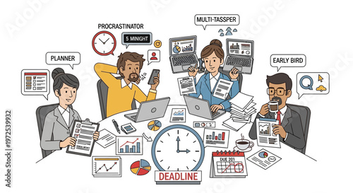 Four people working at a desk with laptops and papers around them labeled as procrastinator multi-tasker early bird and planner