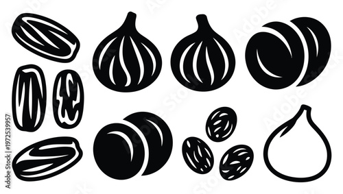Black and white of dried fruits: dates, figs, and raisins