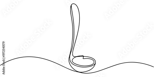 ladle Kitchen continuous one line drawing, One continuous line drawing art of a kitchen ladle or serving spoon, Continuous one single line drawing Kitchen ladle Kitchen tools icon vector illustration 