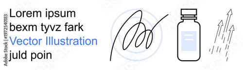 Authentication, identity, technology, medical innovation, handwriting, progress symbols. A signature, arrows and a vial displayed. Authentication and identity verification-themed design