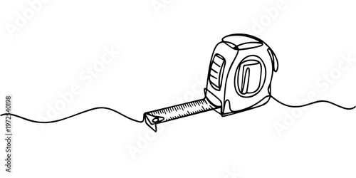 Measuring tape continuous one line drawing, Outline of a tape measure unraveling with motion lines on white background. Non editable stroke, Measuring tape  in one continuous line drawing. Symbolizing