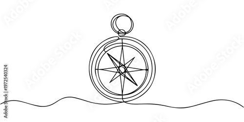 traveller compass continuous one line drawing, Continuous one line drawing of traveller compass. One line drawing illustration of compass navigate and adventure. Navigation, direction, journey concept