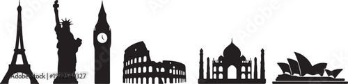 World landmarks silhouette iconic structures in black and white
