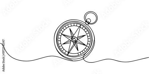 traveller compass continuous one line drawing, Continuous one line drawing of traveller compass. One line drawing illustration of compass navigate and adventure. Navigation, direction, journey concept