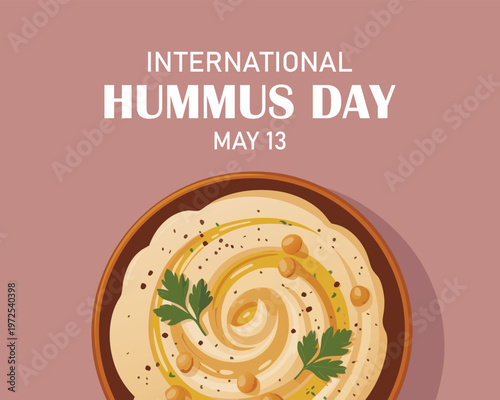 Top view of hummus, isolated on red background, as international hummus day template. vector illustration.