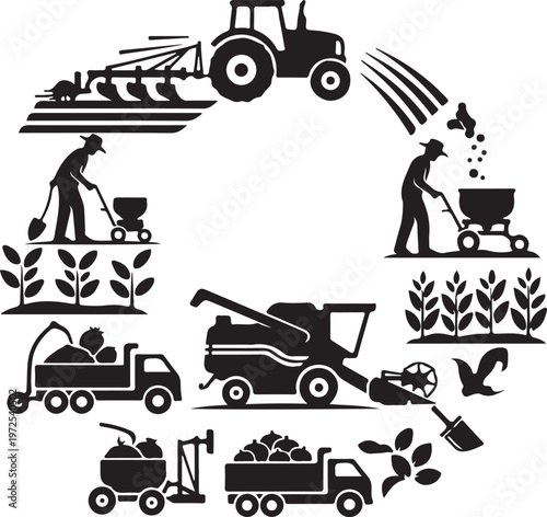Agricultural Silhouettes Farming Tractor and Farmer Illustrations in Black