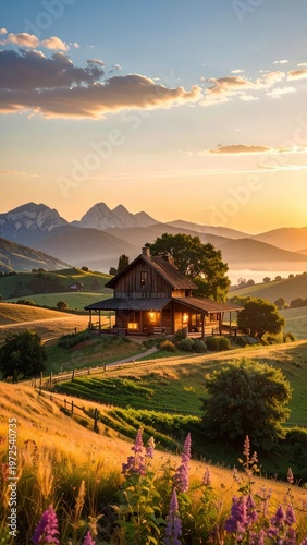 Serene Mountain Landscape at Sunset with Rustic Wooden House