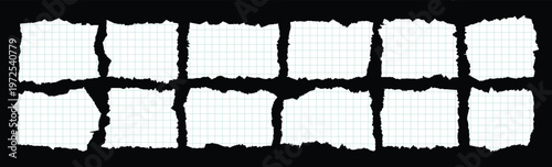 Set of torn grid paper scraps and ripped notebook page silhouettes on black background