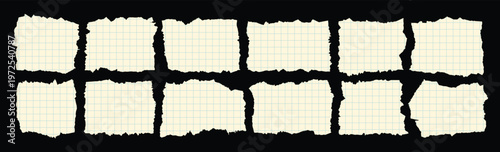 Set of torn grid paper scraps and ripped notebook page silhouettes on black background