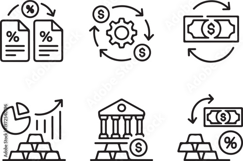 Investment icon set. Containing investor, mutual fund, asset, risk management, economy,
