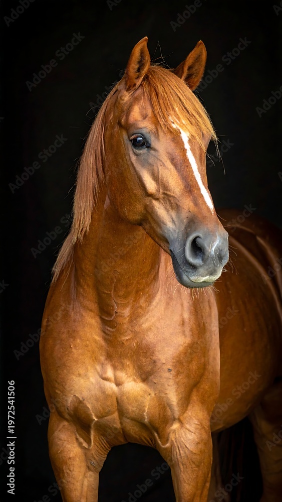 Fototapeta premium Chestnut horse portrait, white stripe, against dark backdrop. Elegant equine looking left