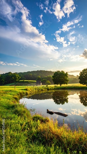 Serene Landscape with Reflection in Tranquil Water and Blue Sky