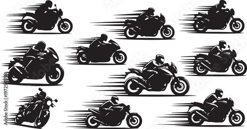 Motorcycle riders in motion, speeding silhouettes on white background
