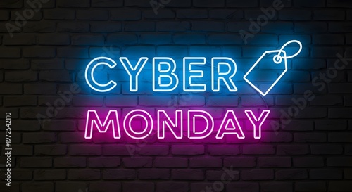 Cyber monday neon sign with price tag icon with online shopping with e commerce