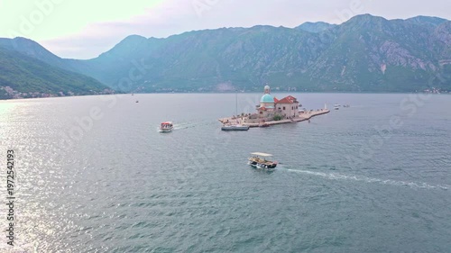 Aerial view landscape with islands of the Bay of Kotor - Boka Bay. Our Lady of the Rocks (Gospa od Skrpjela) church and Saint George Benedictine (Sveti Djordje) monastery, Montenegro