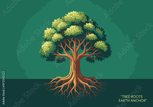 A majestic tree roots anchor, symbolizing stability and connection to earth. Detailed illustration with vibrant green foliage and rich brown roots. Perfect for nature, growth, and grounding themes.