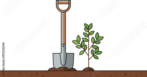 Plant a tree! A shovel prepares soil for planting. Simple, clean illustration. Perfect for gardening, nature, or growth themes.