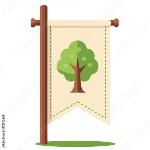 A rustic banner tree illustration promotes reforestation and hope. Clean, flat design with a green background. Ideal for environmental campaigns and nature-related projects.
