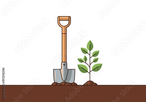 A shovel and young plant ready for planting in rich soil. Simple, modern illustration. Perfect for gardening, nature, or growth themes.