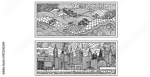 Sea and city zentangle coloring book page with ocean landscape and urban architecture in separate frames vector