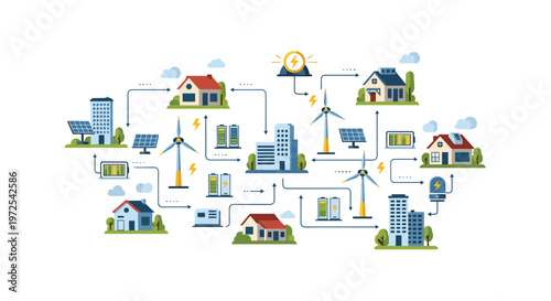 A comprehensive and meticulous flat illustration depicts a sustainable smart grid network connecting modern residential homes and urban office buildings.