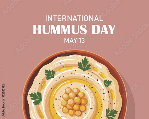 Top view of hummus, isolated on red background, as international hummus day template. vector illustration.