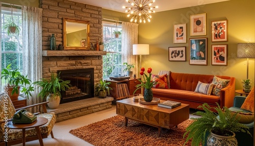 Cozy living room interior, warm home decor, orange sofa, brick fireplace, green walls