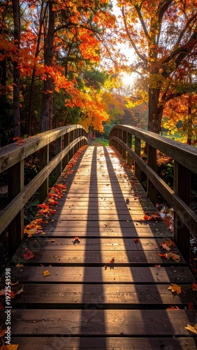 Serene Wooden Bridge Surrounded by Vibrant Autumn Foliage