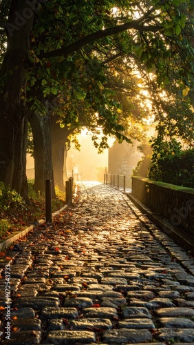 Serene Cobblestone Pathway Through Lush Trees at Sunrise Glow