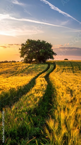 Serene Sunset Over Golden Wheat Field with Lone Tree and Pathway