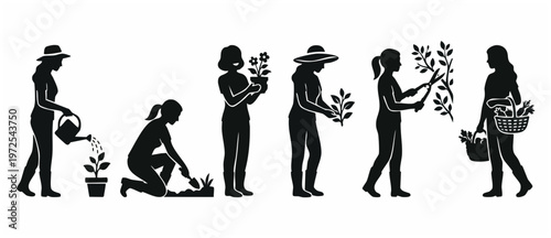 Gardening Silhouettes Women Growing Plants. Women Gardening actions and hobbies in Silhouette style on an isolated white background vector design elements. Gardener Hobby. 200 characters.