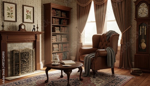 Cozy living room interior, vintage armchair, wooden coffee table, classic home decor