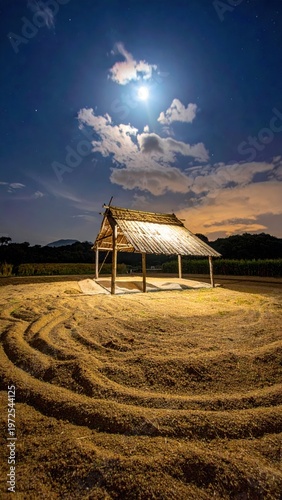 Serene Moonlit Scene with Hut Under Starry Night Sky