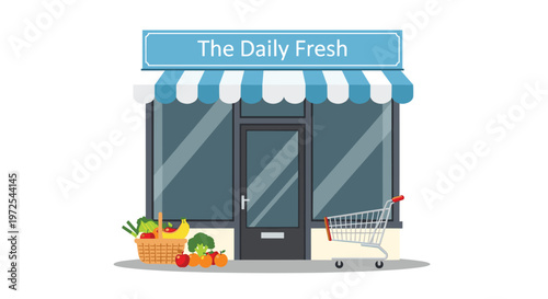 A welcoming and vibrant storefront for a local grocery shop called The Daily Fresh displays a blue striped awning and a basket of healthy fresh fruits.
