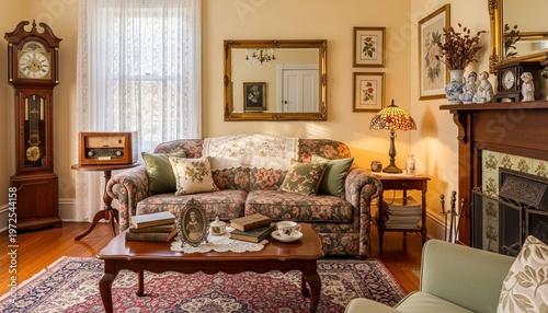 Cozy living room interior, vintage furniture, floral sofa, antique decor, warm atmosphere
