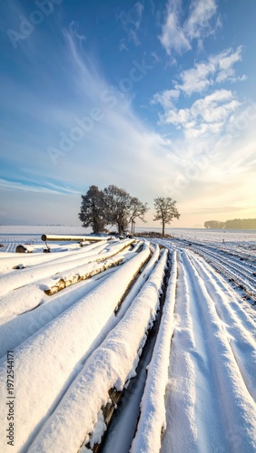 Snow-Covered Fields Under Bright Sky with Lone Trees at Sunrise