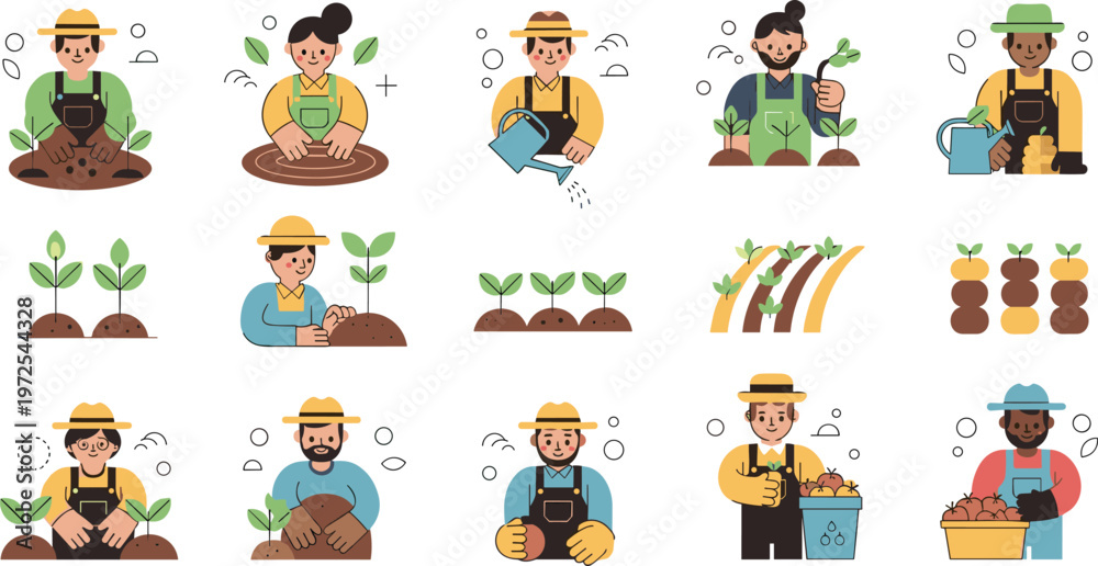 Obraz premium Farmers Gardening and Agriculture Characters Set with Planting Watering Harvesting Activities Cartoon Style for Organic Farming and Vector Illustration Design.