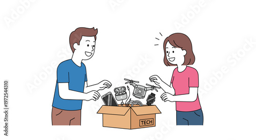 A smiling man and woman excitedly reach into a cardboard box labeled tech which contains a drone smartphone and various modern electronic accessories.