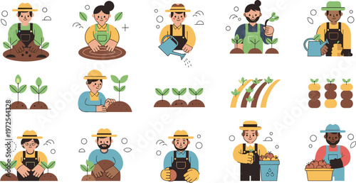 Farmers Gardening and Agriculture Characters Set with Planting Watering Harvesting Activities Cartoon Style for Organic Farming and Vector Illustration Design.