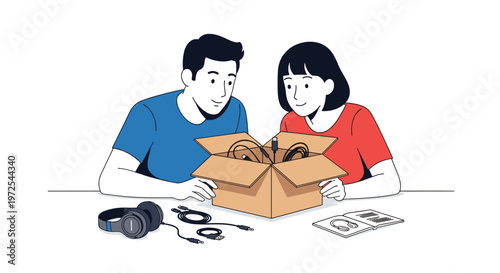 Two curious individuals lean over a cardboard shipping container filled with tangled black power cables and audio wires on a plain white surface.