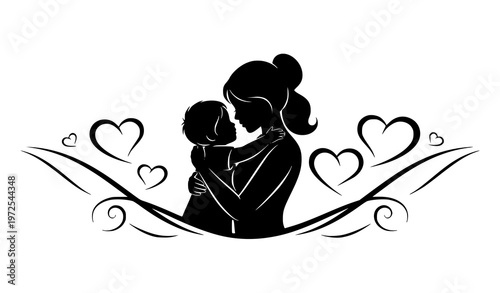 Mother day silhouette vector illustration with mom child and love symbols minimal design
