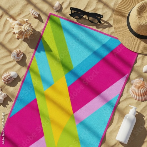 Vibrant Geometric Beach Towel on Sand with Seashells and Summer Accessories