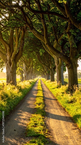 Serene Tree-Lined Pathway in Gentle Sunset Light with Greenery
