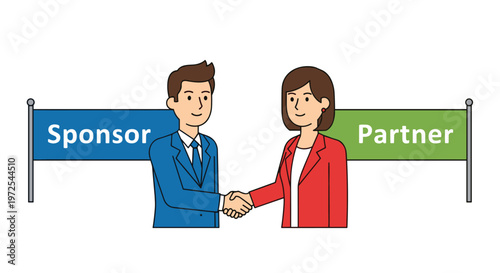 A professional businessman and businesswoman perform a firm handshake in front of blue sponsor and green partner banners against a stark white background.