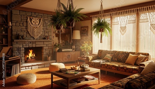 Retro living room, vintage interior, cozy home decor, warm 70s style