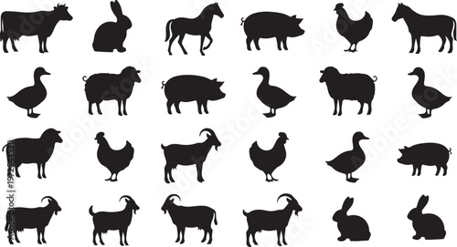 Farm animals silhouettes on white background vector illustration set