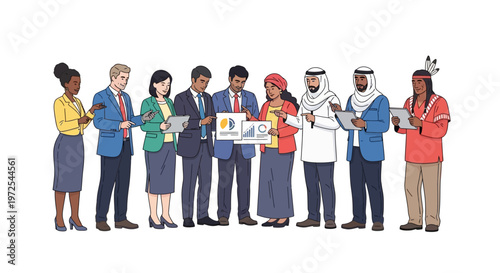 Diverse business people holding documents and graphs in a line