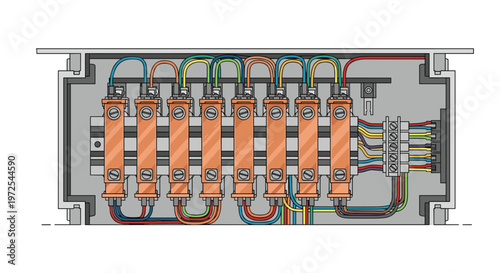 A detailed internal view of a grey metal junction box reveals multiple copper terminal blocks secured with screws and connected to colorful electrical wires.