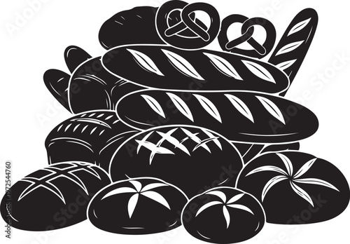 Black and white illustration of various types of bread